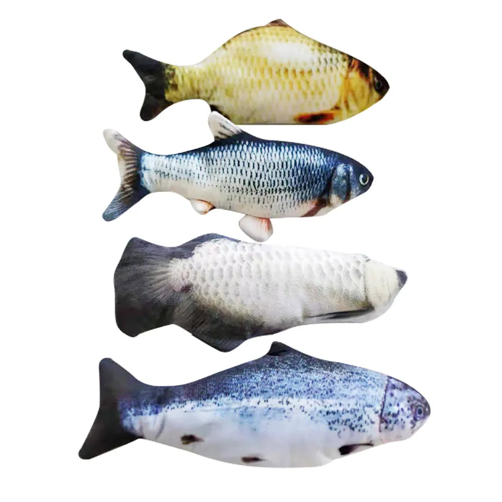 A multicolour electronic jumping fish cat toy measuring 30cm long with a USB charging cable.