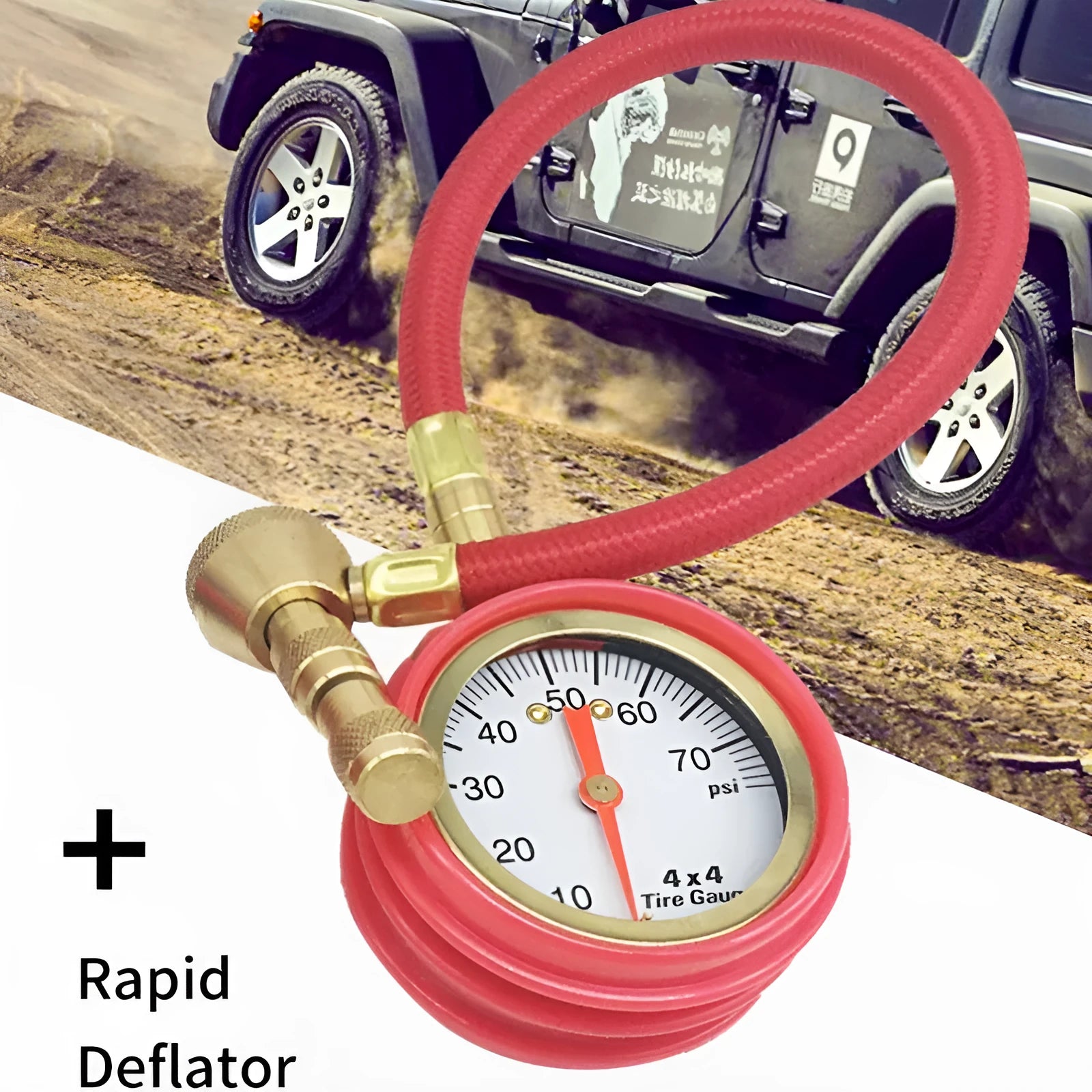 Red mechanical tyre pressure gauge with metal body and rubber shell for SUV and off-road vehicle use.