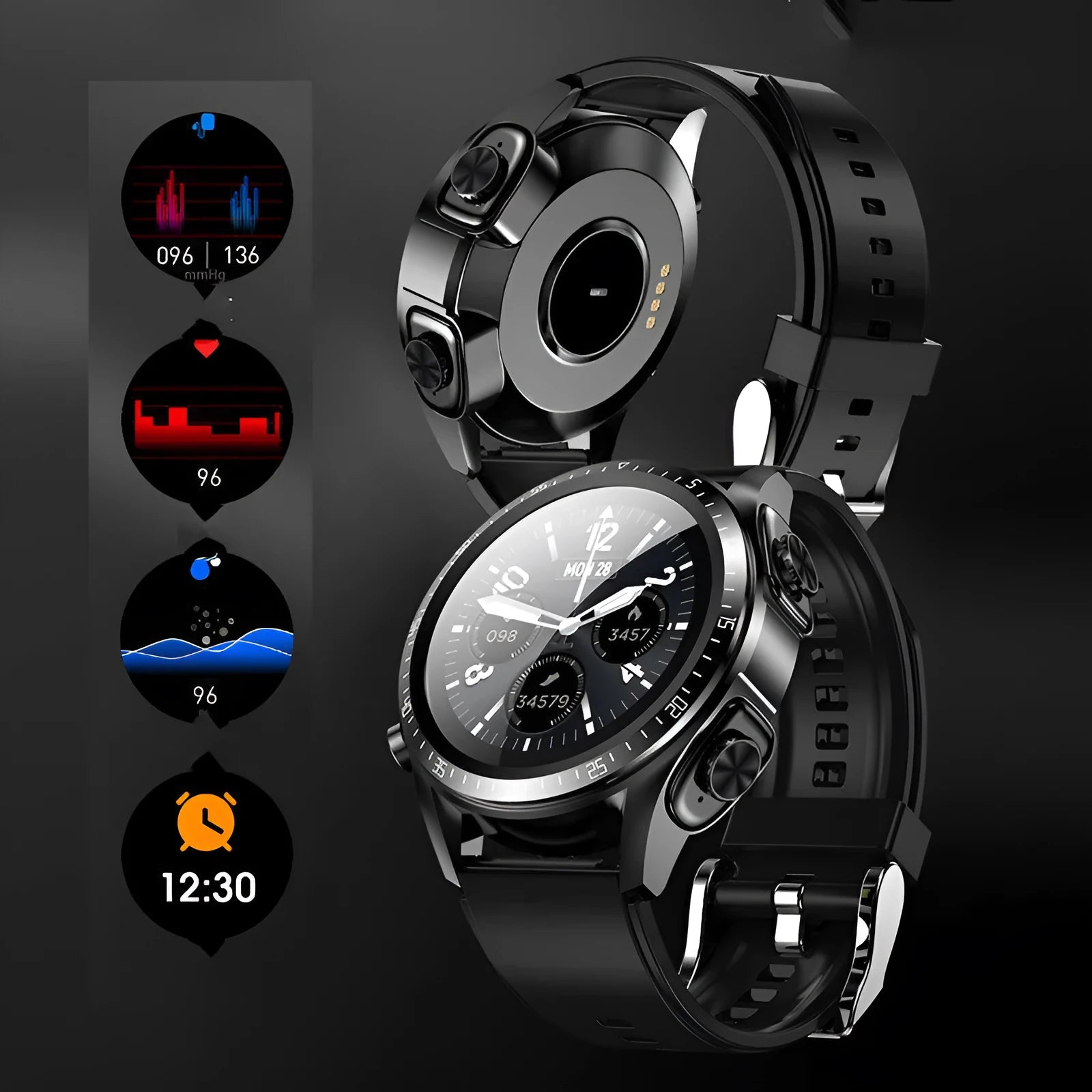 Black smart watch with blood pressure monitor on silicone strap, showing 1.28-inch screen.