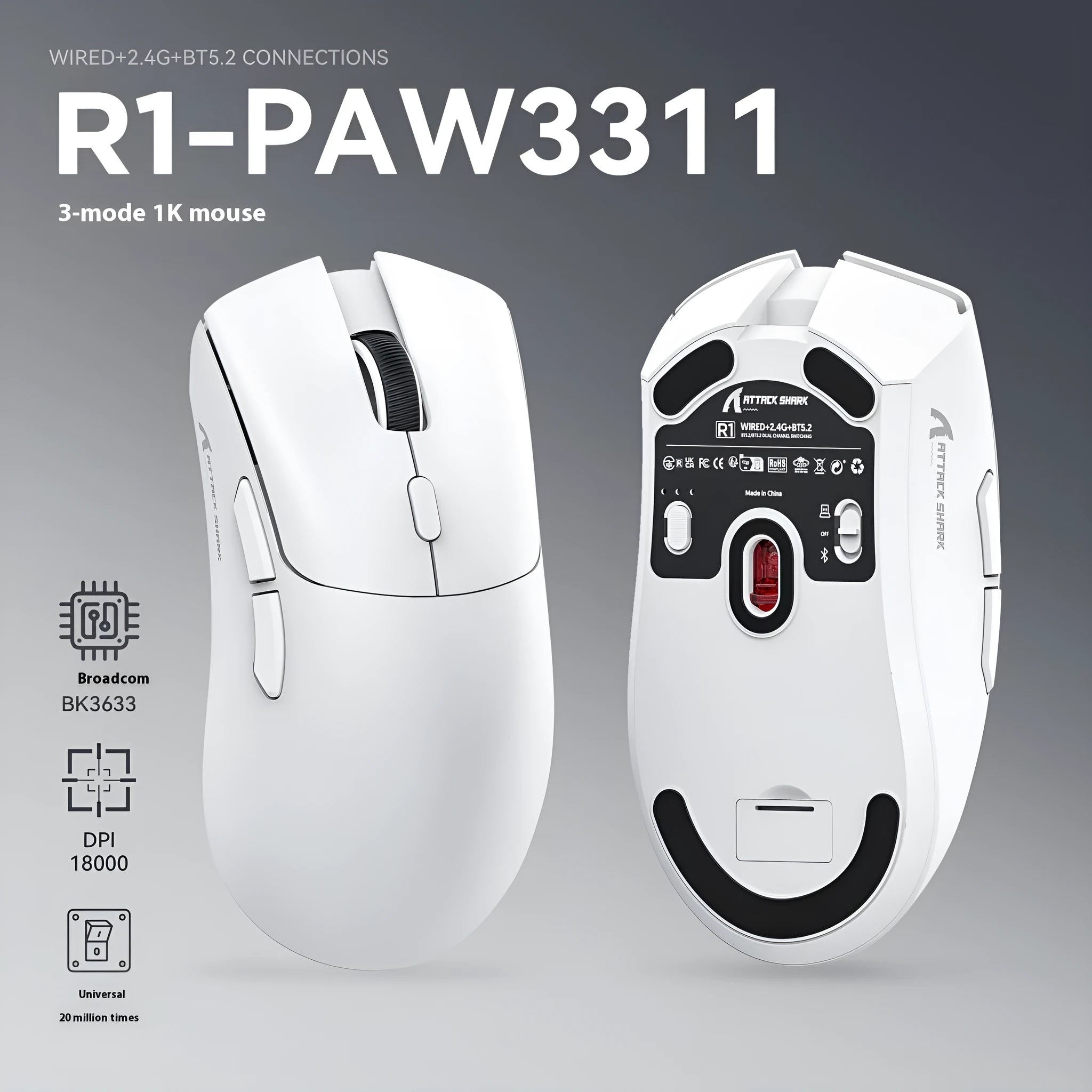Attack Shark wireless Bluetooth mouse in black, red, or white on a desk next to a laptop.