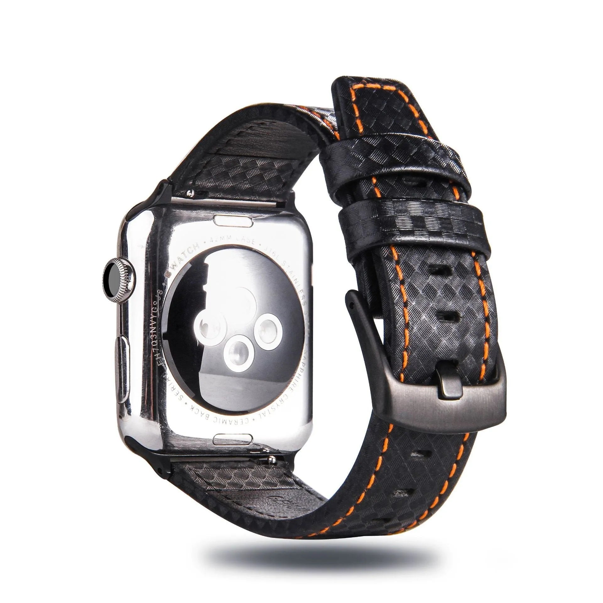 Leather Apple Watch strap with carbon fibre pattern case in black, blue, orange, and red colour options