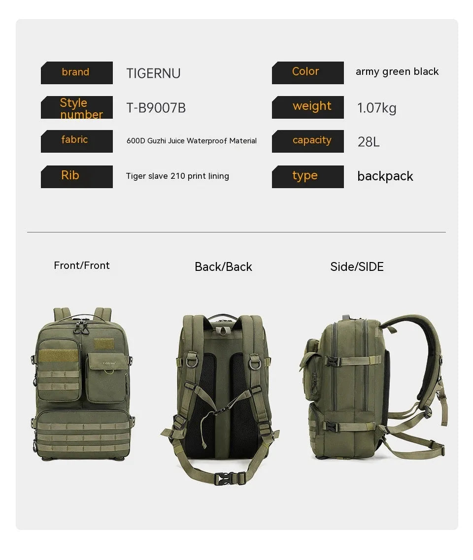 Army Green tactical backpack with waterproof nylon construction showing 17-inch height and organisational compartments