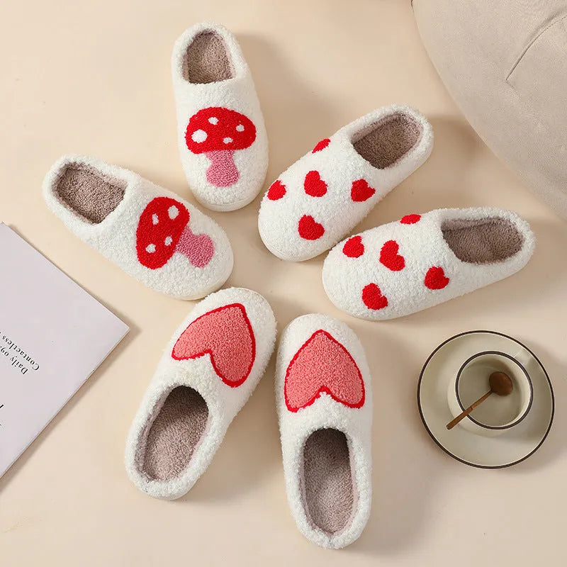 Women's cartoon-themed plush home slippers with PVC sole in big love pattern
