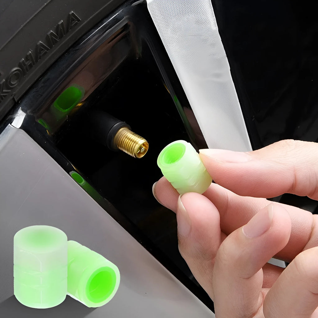 Car luminous rubber valve caps showing glow-in-the-dark feature and 16mm x 12mm size