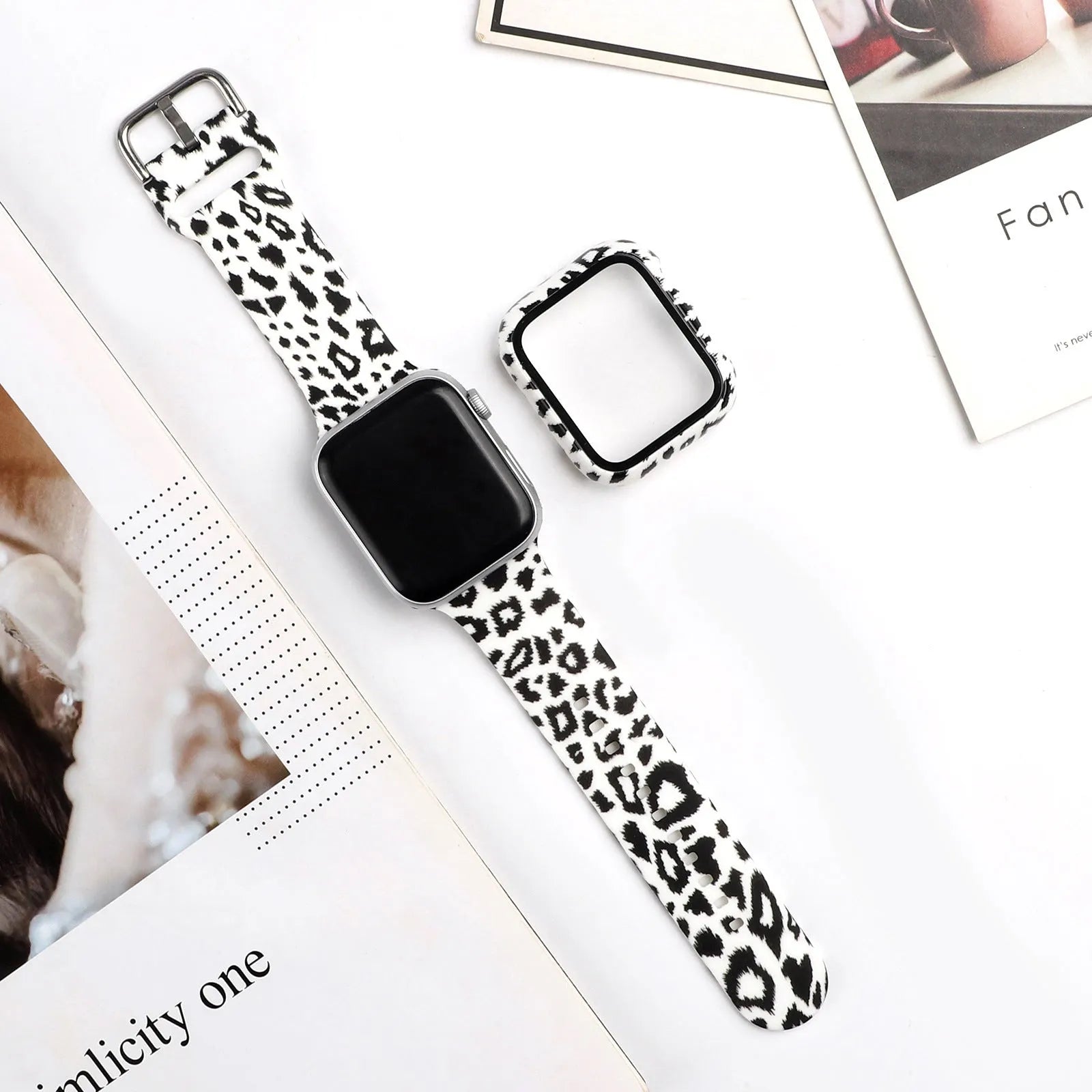 Printed silicone Apple Watch compatible strap shown in multiple design styles for 38mm 40mm 42mm 44mm cases.