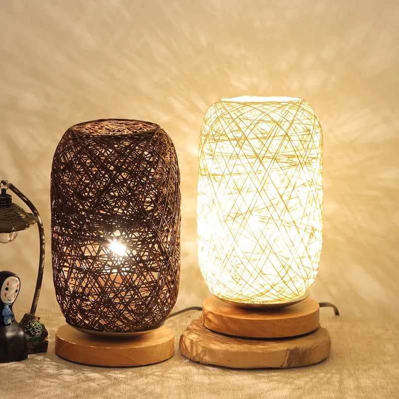Brown hemp rope desk lamp with solid wood base and USB-powered LED light