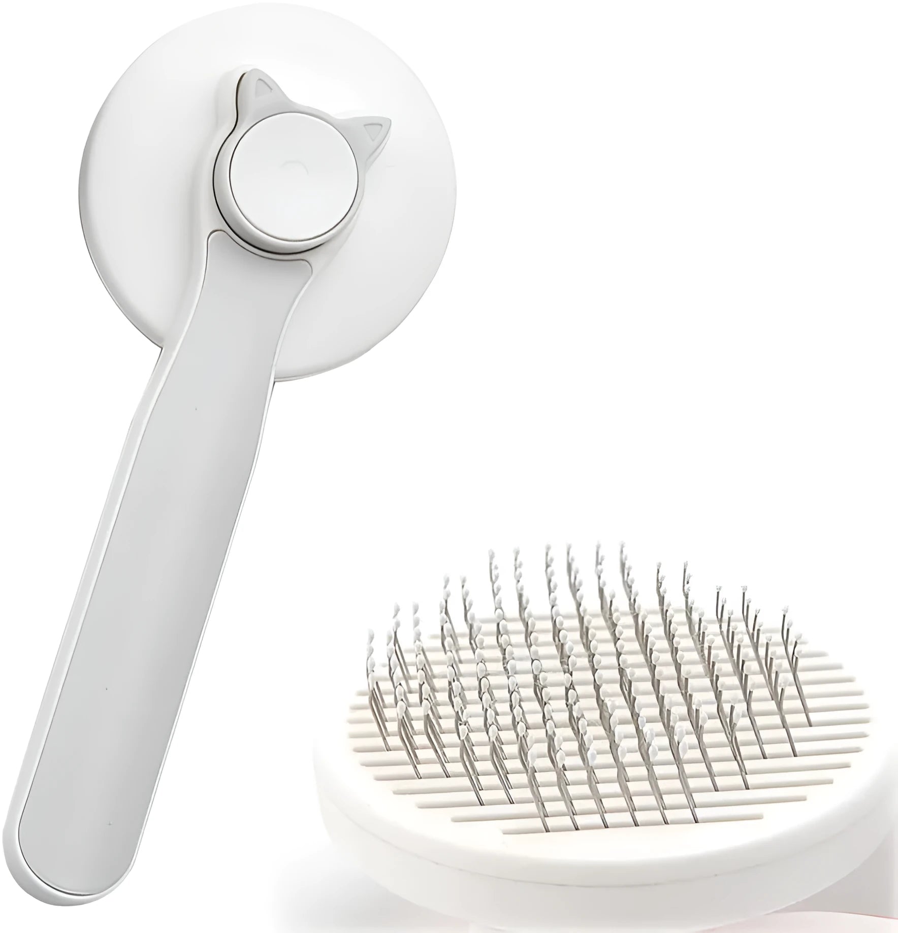 Blue self-cleaning cat grooming brush with rubber-tipped needles and a non-slip handle.