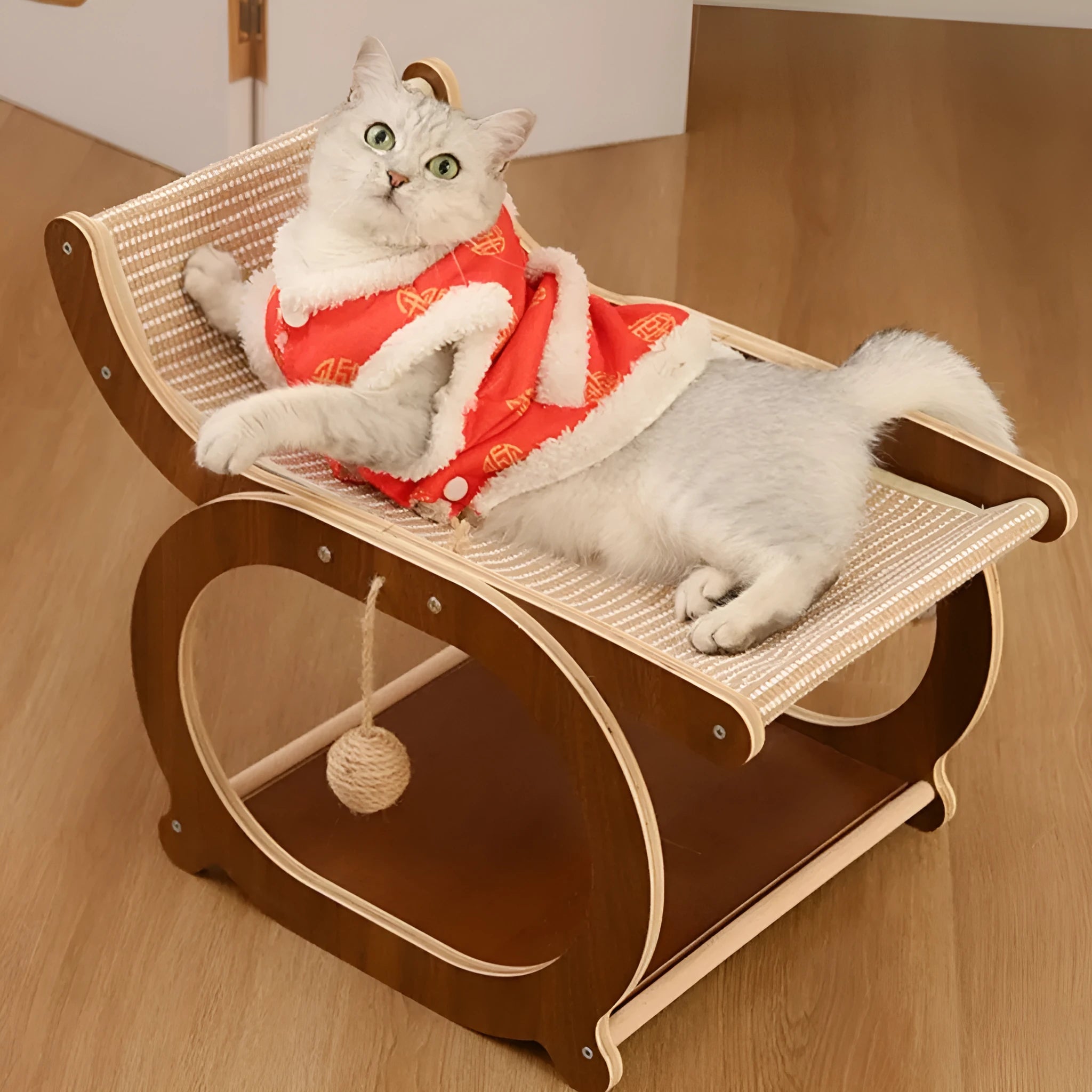 Solid wood sisal cat scratching mat in wood colour resting on floor