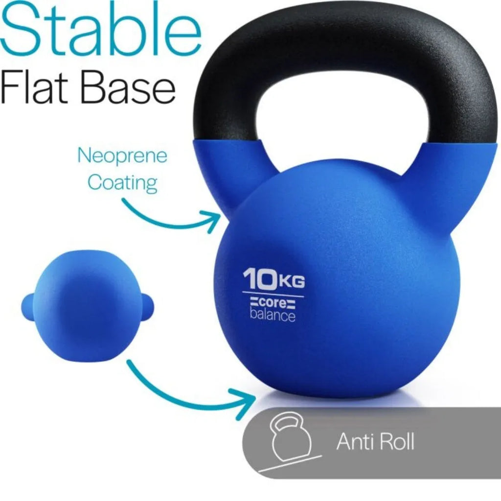 Blue cast iron teapot-style dumbbell on a solid background, showing its 10kg weight and one-piece design.