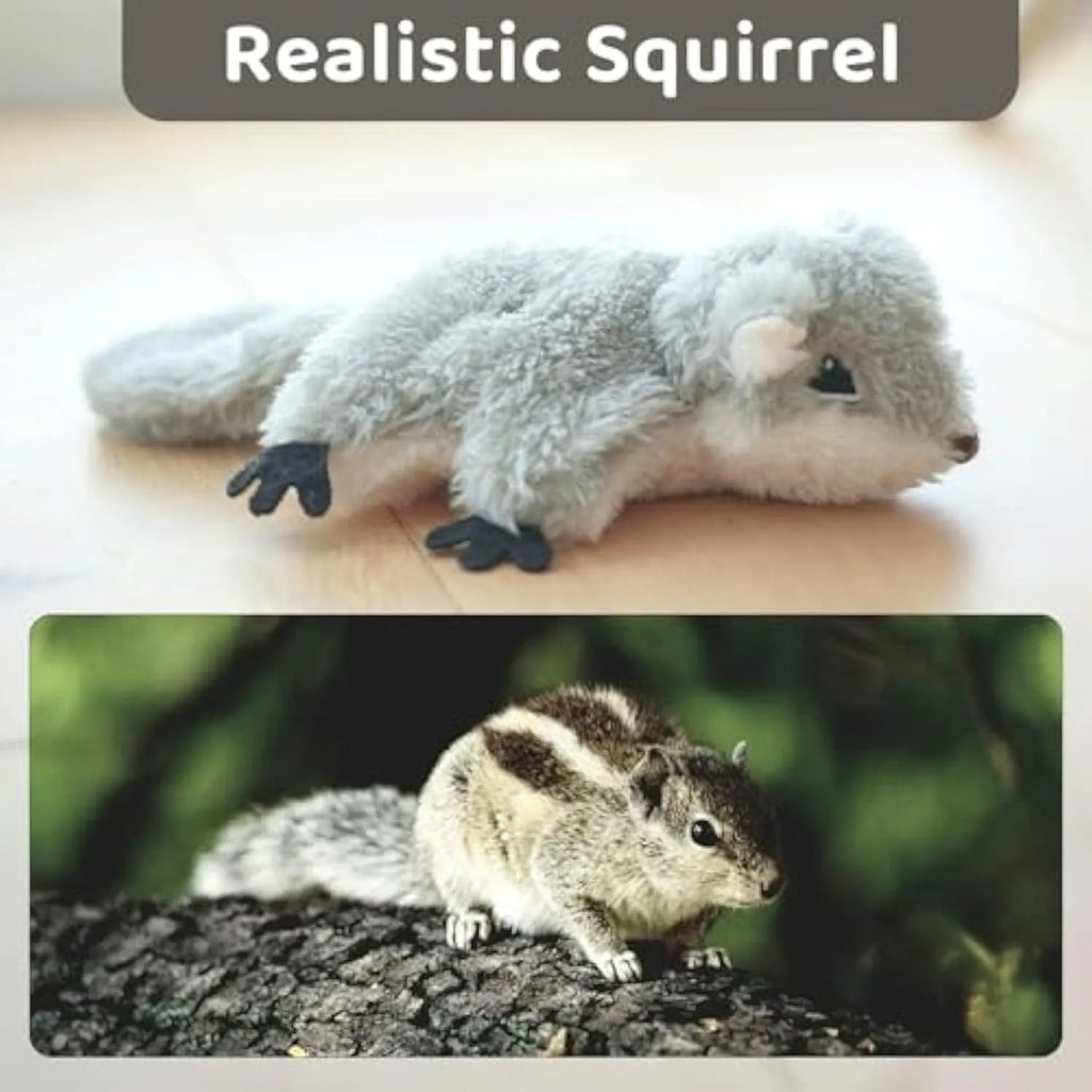 Grey flapping squirrel cat toy with touch activation and USB charging