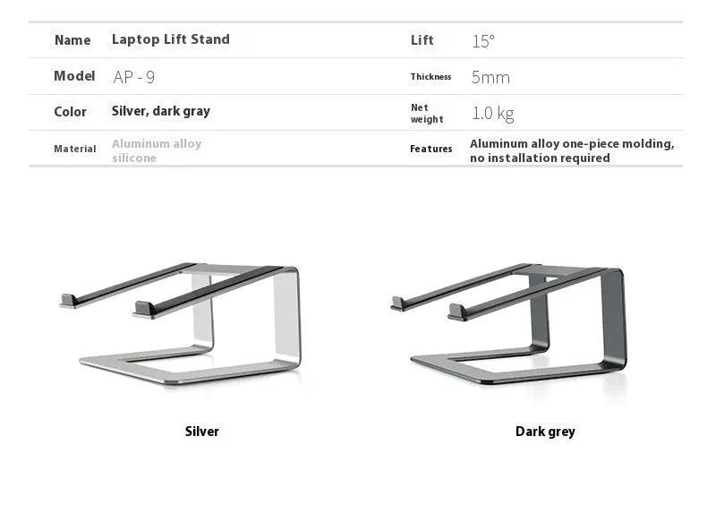 Aluminium alloy laptop stand riser in black or silver with 18.5cm height and non-slip silicone pads