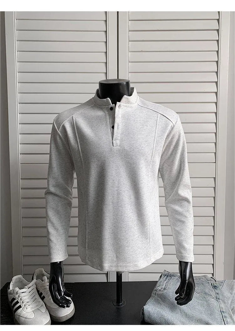Men's loose fit polo shirt with asymmetric design and patchwork collar in Chinese cotton