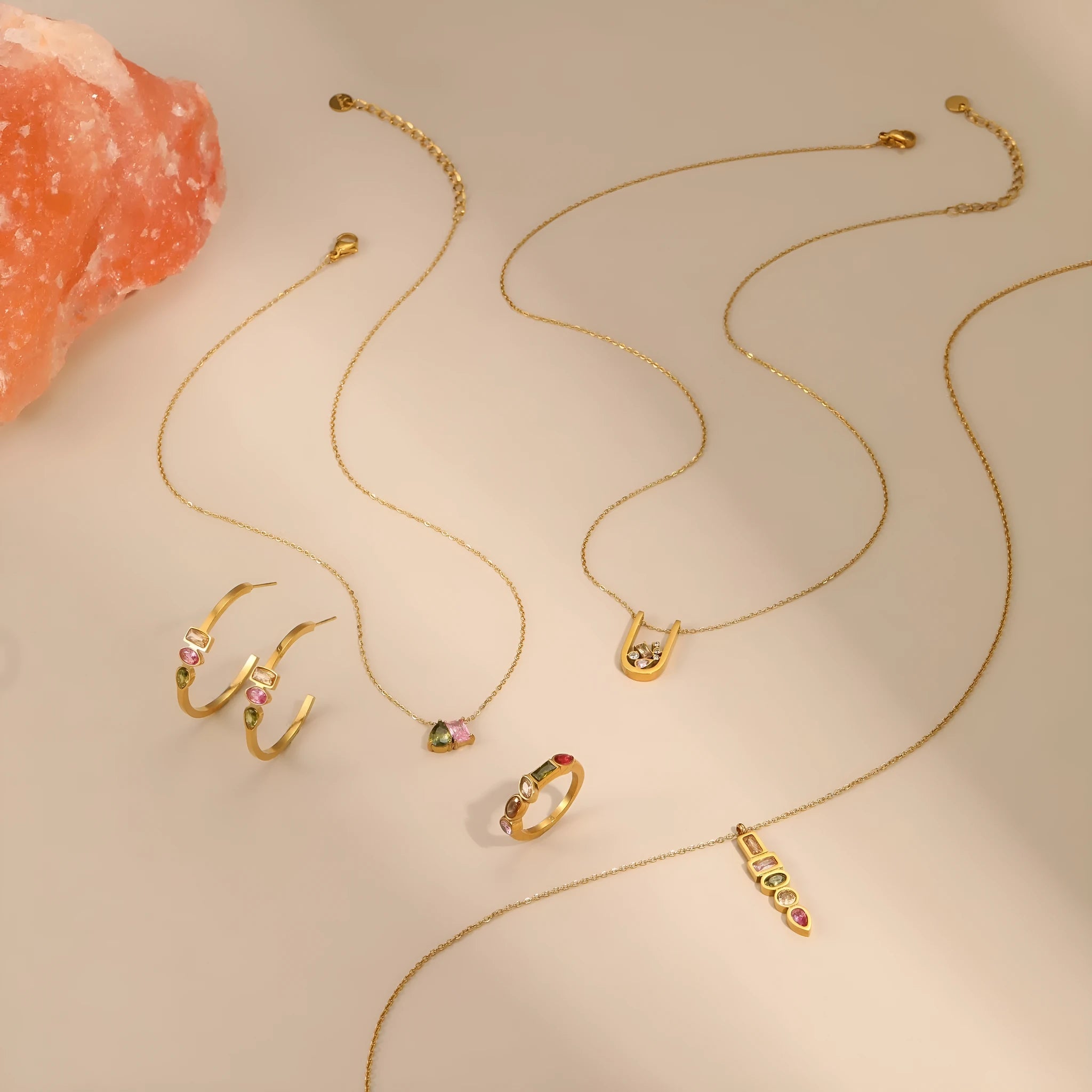 Geometric gold zircon necklace, ring and earrings set with stainless steel construction and adjustable chain