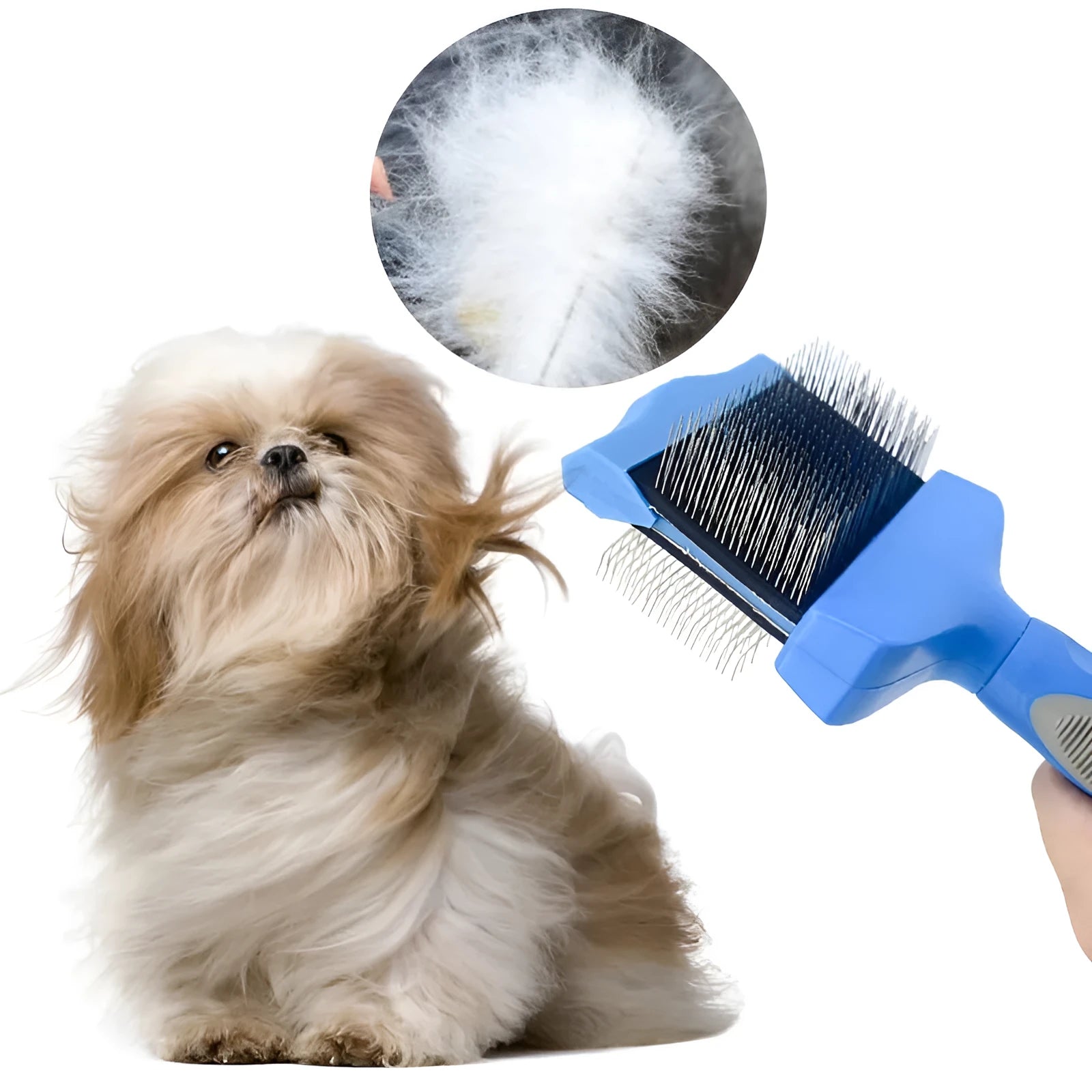 Double-sided dog grooming brush with stainless steel pins in blue or pink colour options