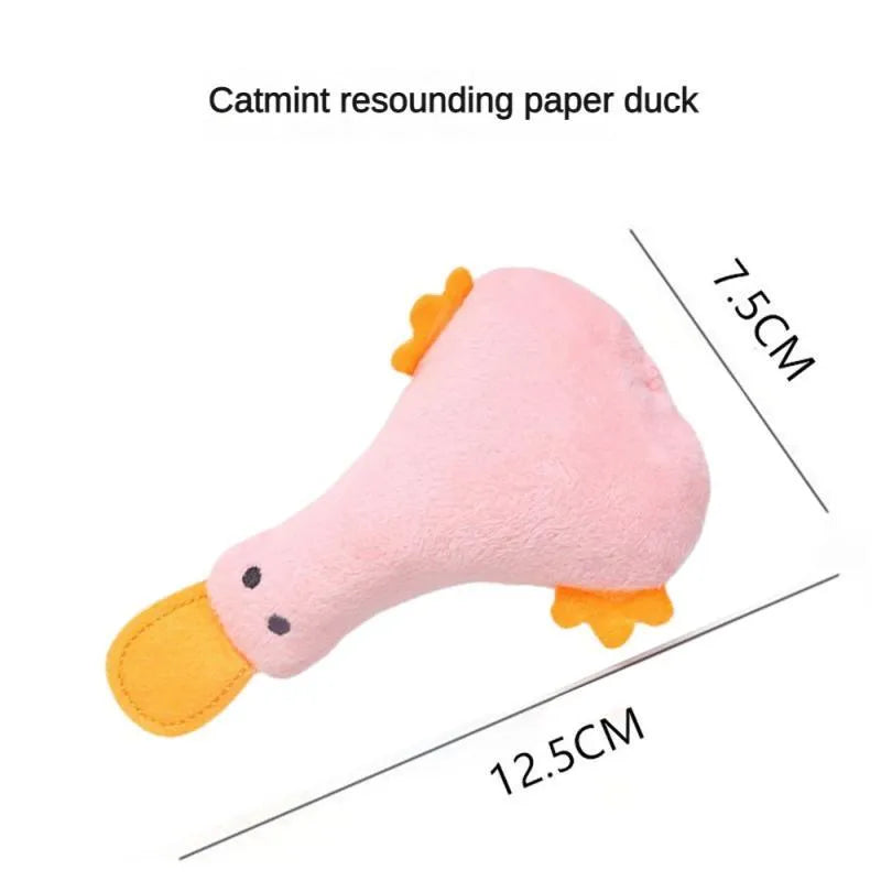 Duck plush pet toy with catnip filling and squeak sound feature in assorted colours