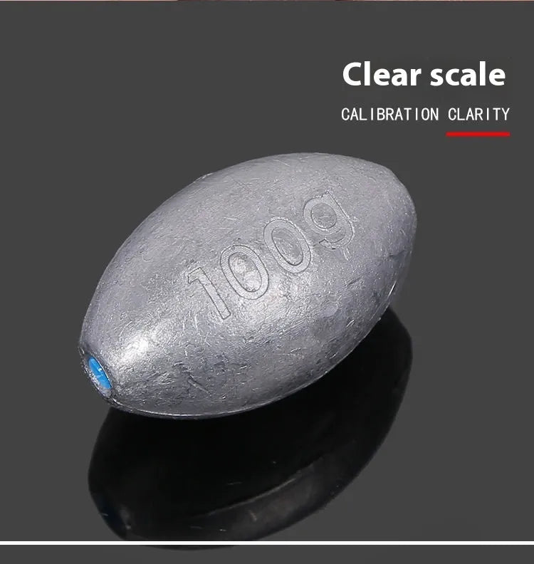 Olive-coloured rugby-shaped fishing sinker with a textured scale surface and plastic core, shown in various weights.