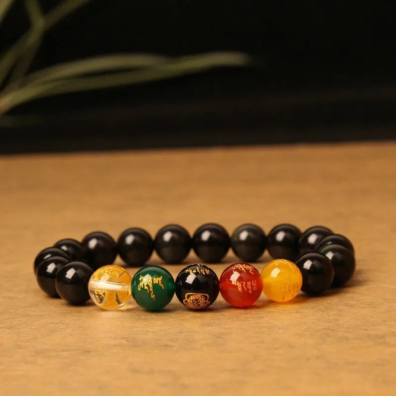Agate Five Gods Of Wealth bracelet with 10mm round carved lettering beads in Chinese style