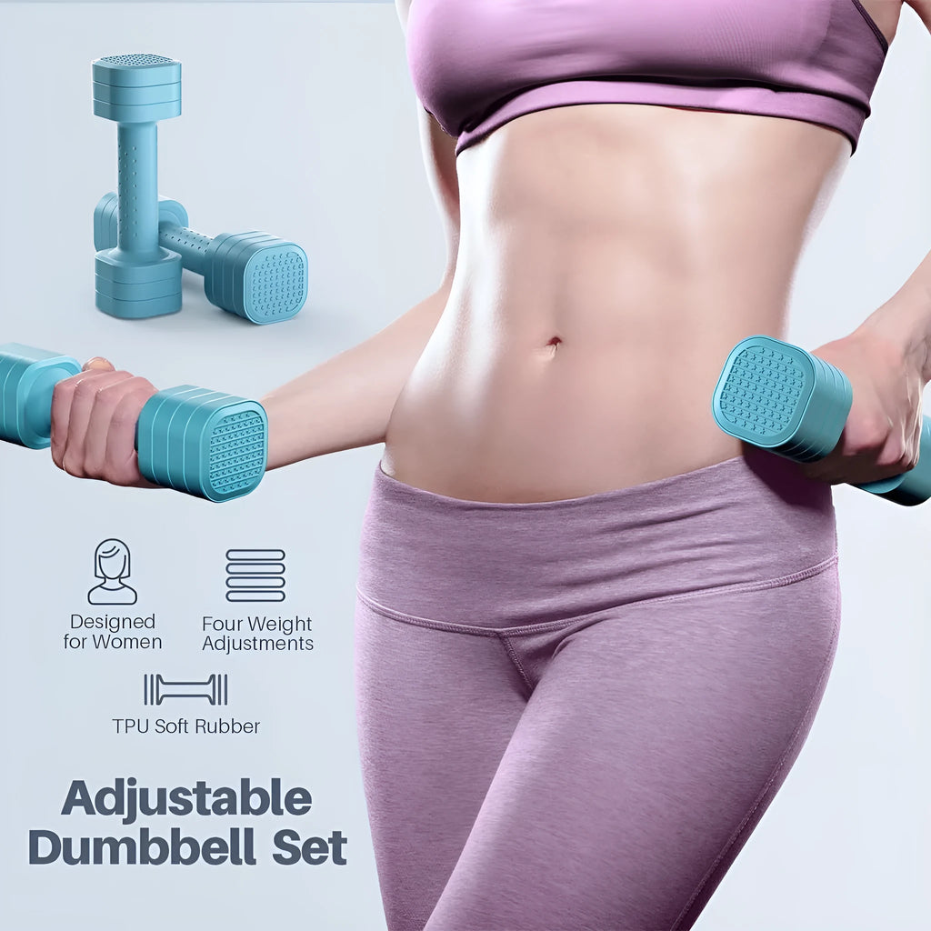 Women's detachable dumbbell set in pink, blue, black, and purple colours with ABS plastic construction