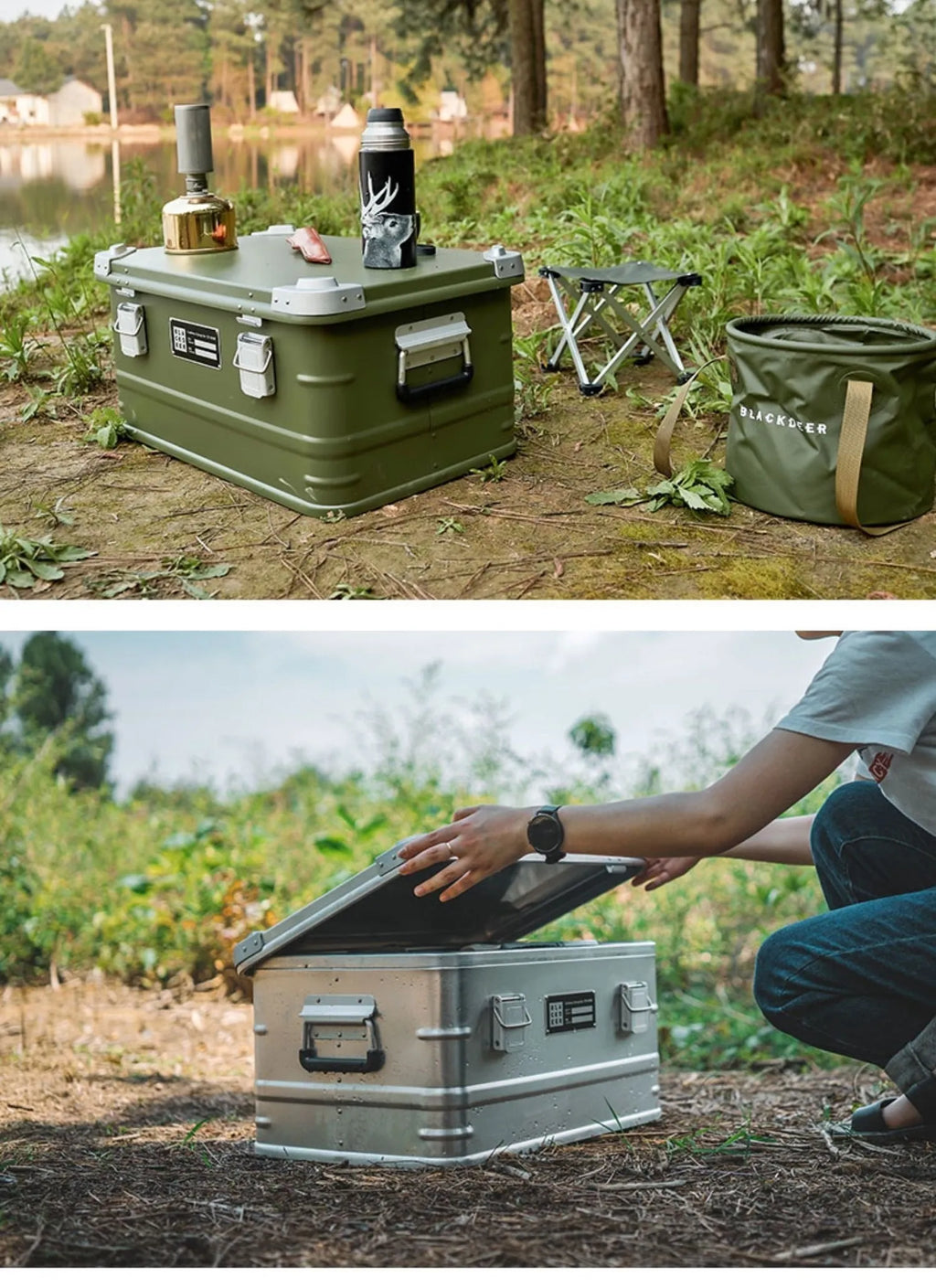 Field Green aluminium alloy outdoor storage box for camping and vehicle-mounted gear, size 58x38x28 cm