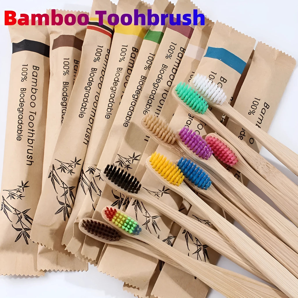 Ten natural bamboo toothbrushes with soft bristles in assorted colours including white, yellow, purple, grey, green and black.