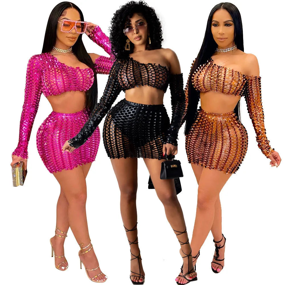 Women's hollow-out net two-piece dress set with sleeveless top and short skirt in European style