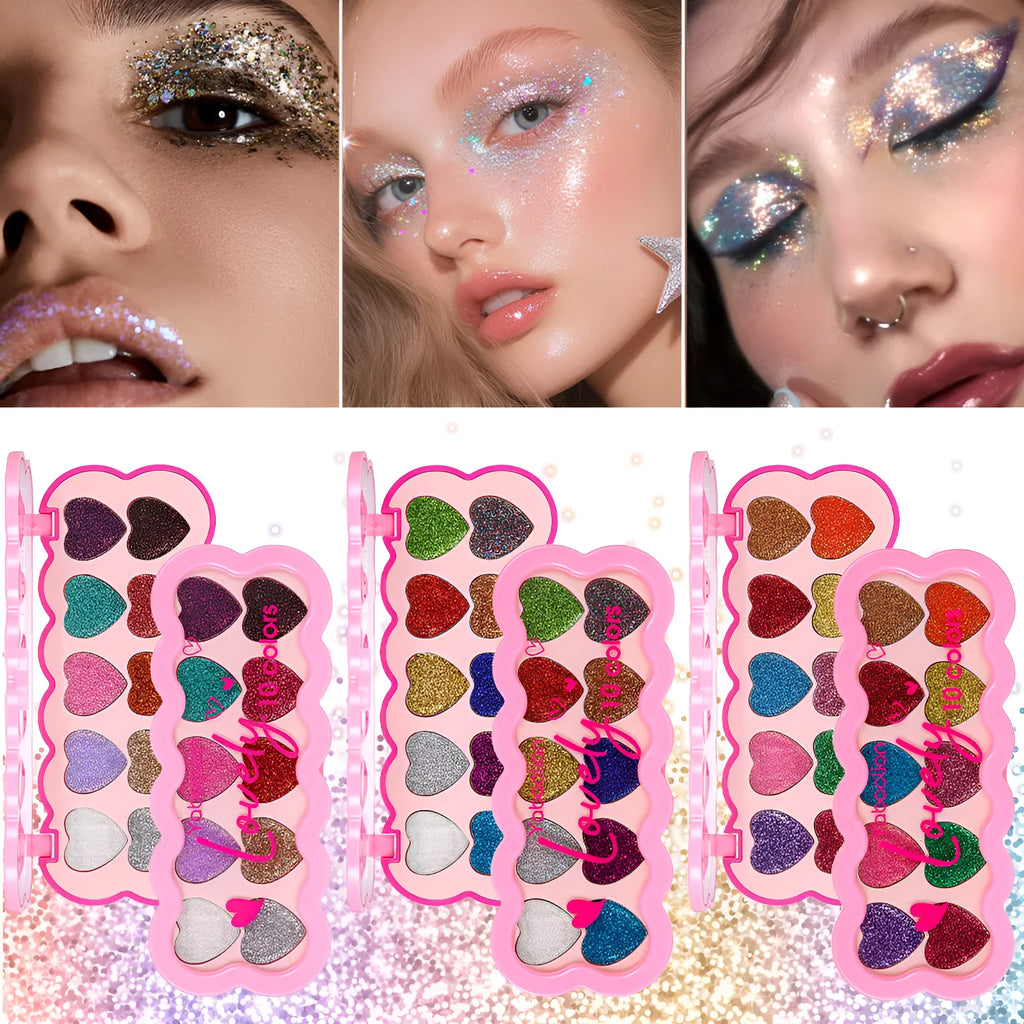 Pearlescent heart shaped ten colour eye shadow palette with sequin finishes for multiple makeup styles