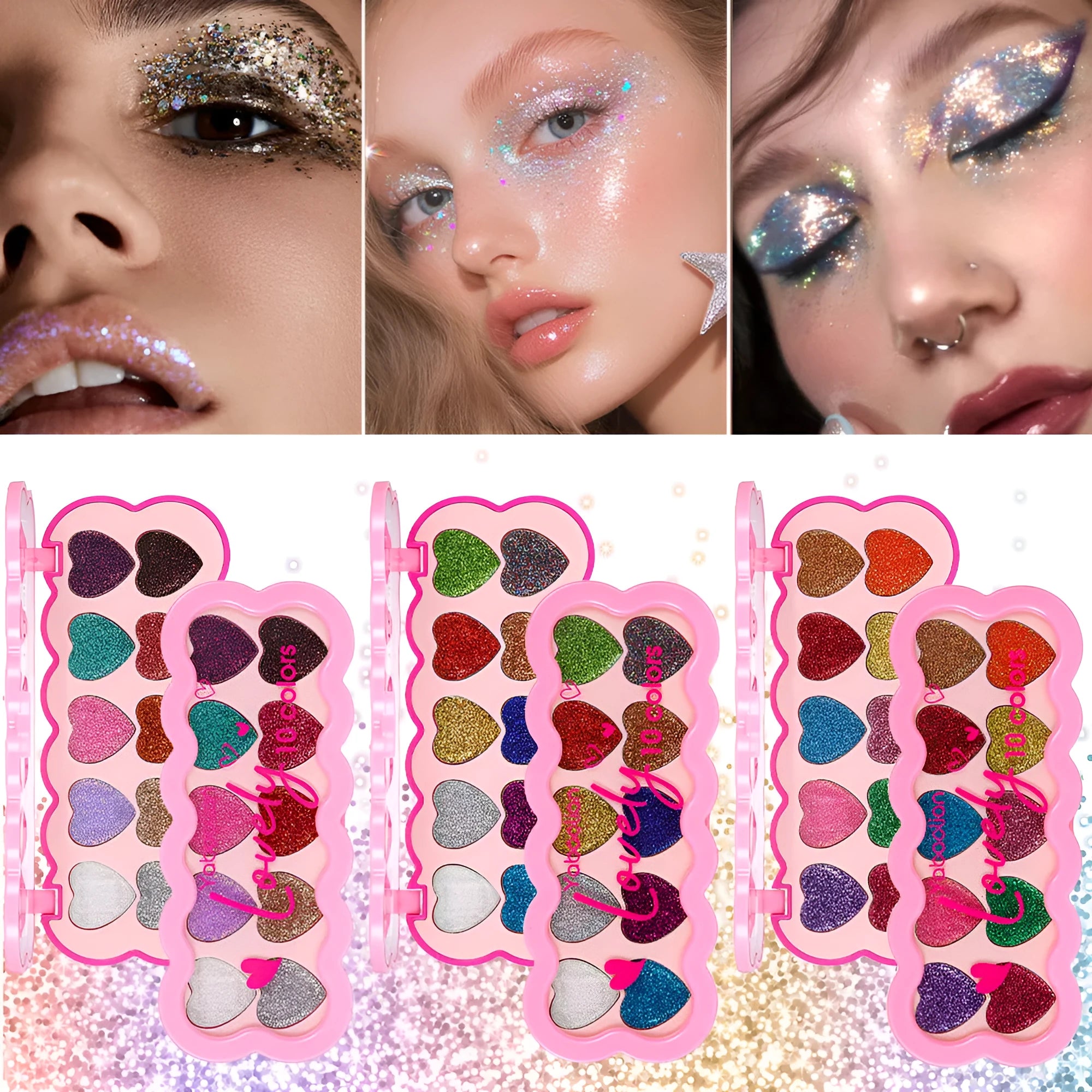 Pearlescent heart shaped ten colour eye shadow palette with sequin finishes for multiple makeup styles