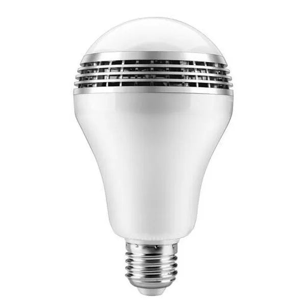 White LED smart bulb with E27 base, combining a light and Bluetooth speaker, dimensions 100x150mm.