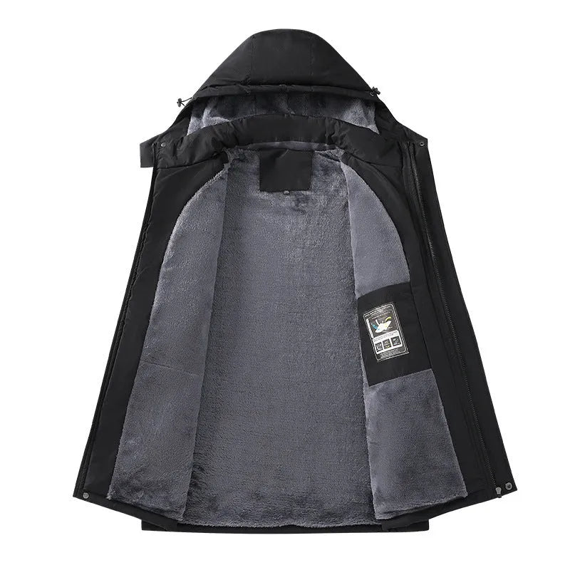 Men's army green plus size waterproof hooded coat on a hanger