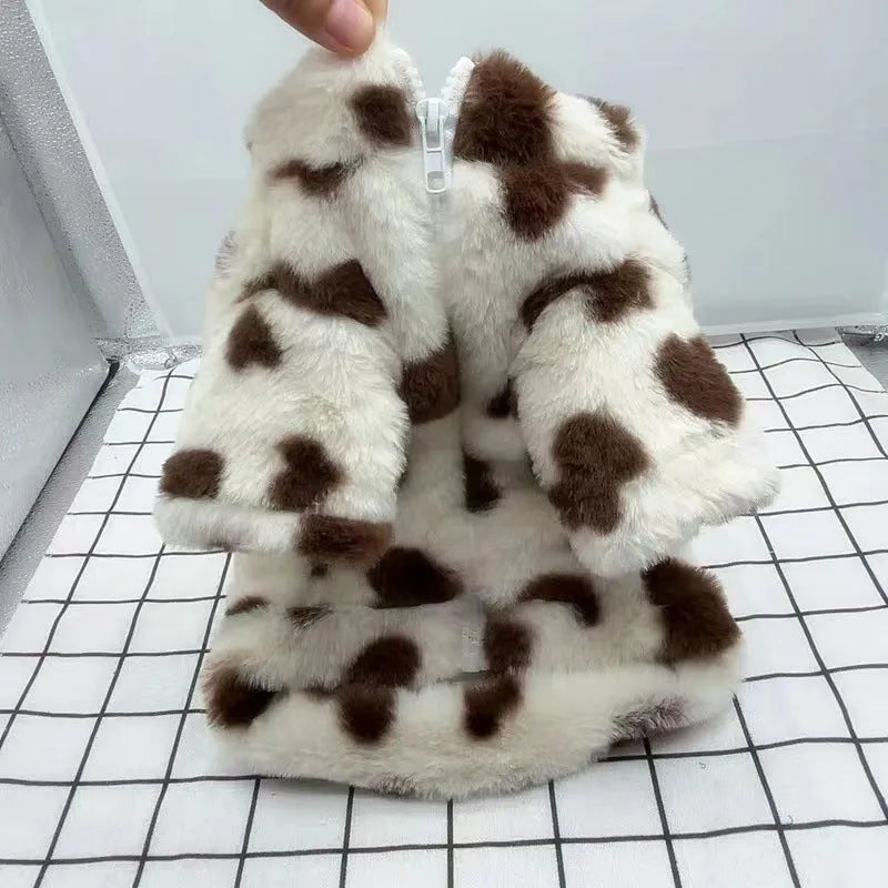 Small dog wearing plush polyester warm coat in pink colour, suitable for Teddy, Bichon and Pomeranian breeds