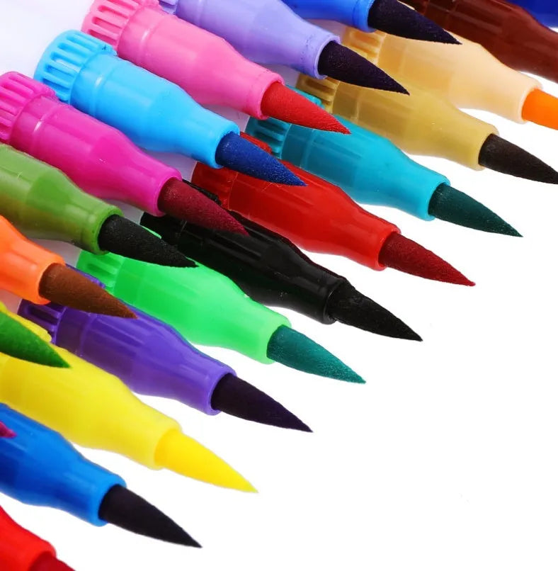 Set of watercolour brush pens with fine tips arranged by colour, showing options for 48, 60, 72, and 100 colour packs.