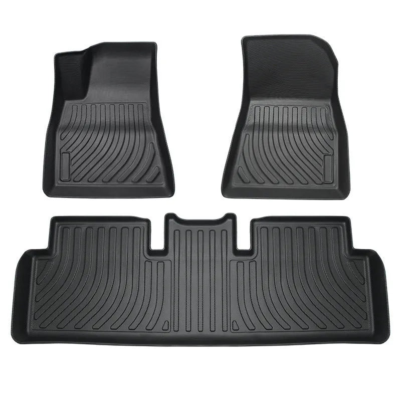 Black rubber floor mats with TPE footrest for Tesla Model 3, Y, X, and S vehicles