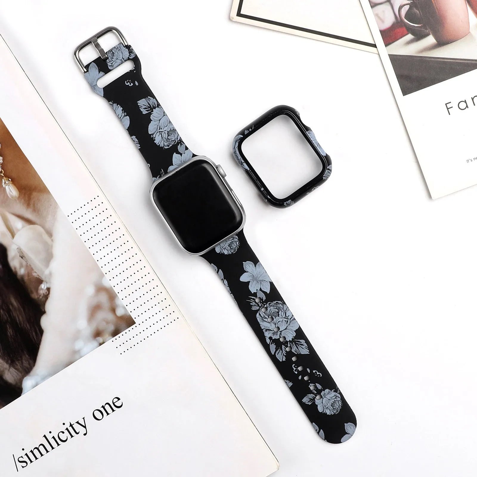Printed silicone Apple Watch compatible strap shown in multiple design styles for 38mm 40mm 42mm 44mm cases.