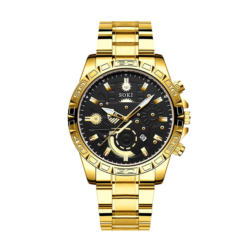 Men's gold business calendar quartz watch with stainless steel strap and 10mm thickness
