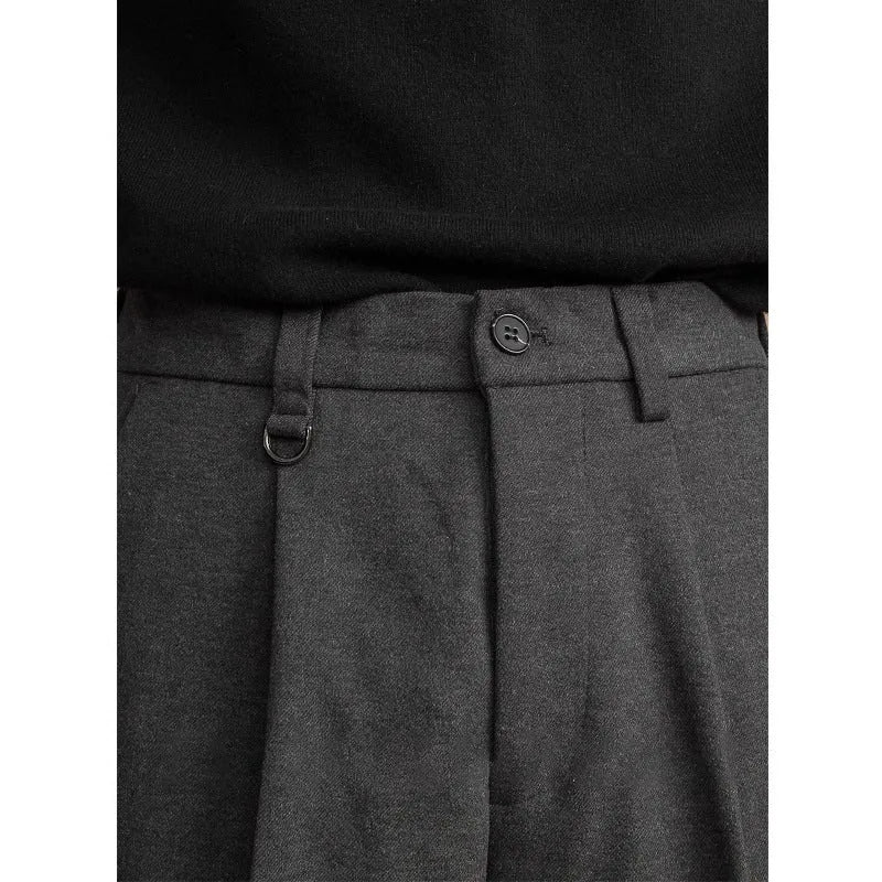Men's straight-leg polyester trousers in black, dark grey, khaki, and brown colours for business casual winter wear