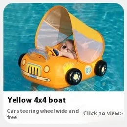 Inflatable children's swimming ring with mini steering wheel in pink sports car design