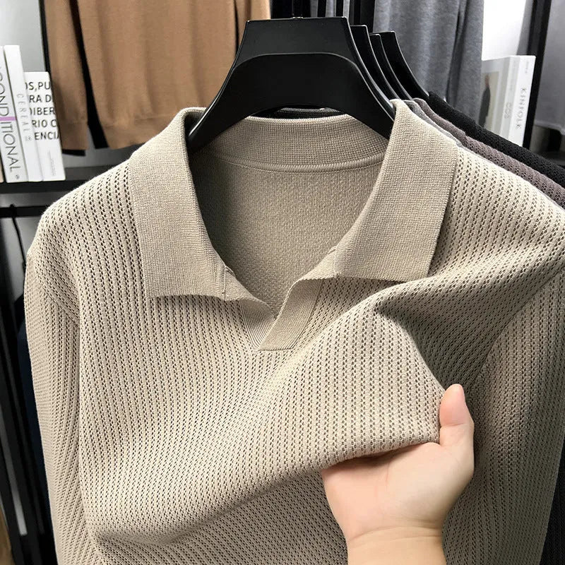 Men's loose-fit casual pullover sweater in autumn colours on hanger