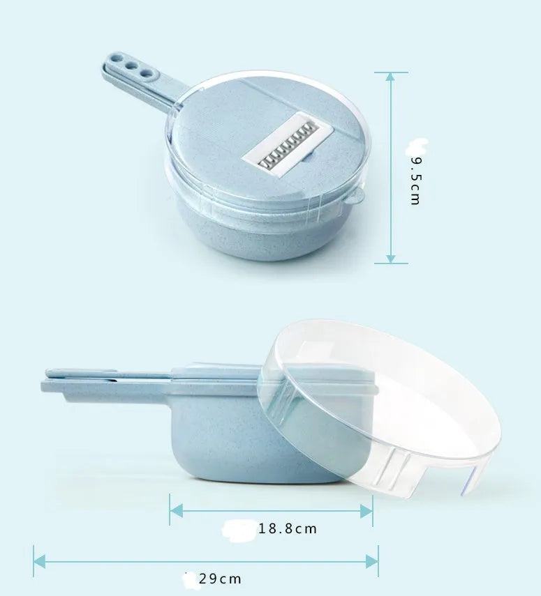 8-in-1 mandoline vegetable slicer with stainless steel blades and blue plastic body on kitchen counter