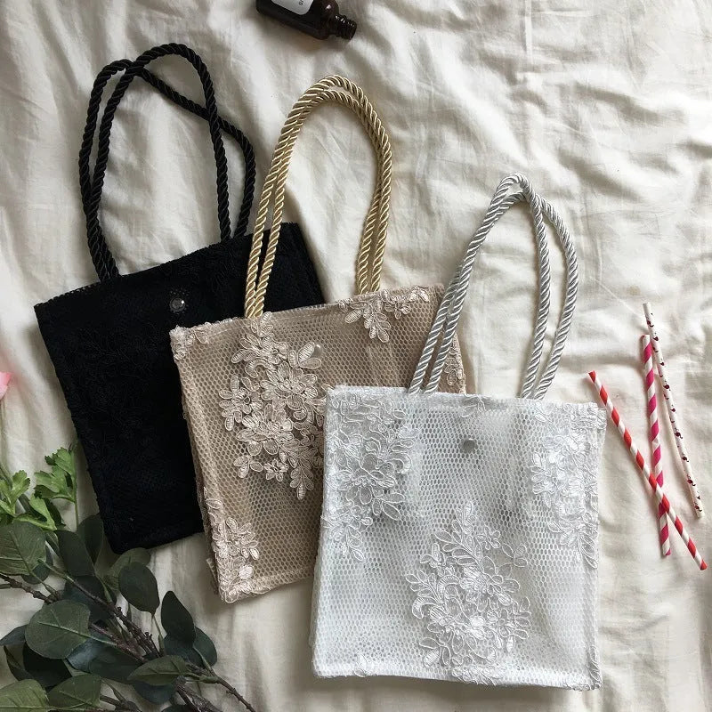 Handmade double layer lace shopping bag in black colour, small size
