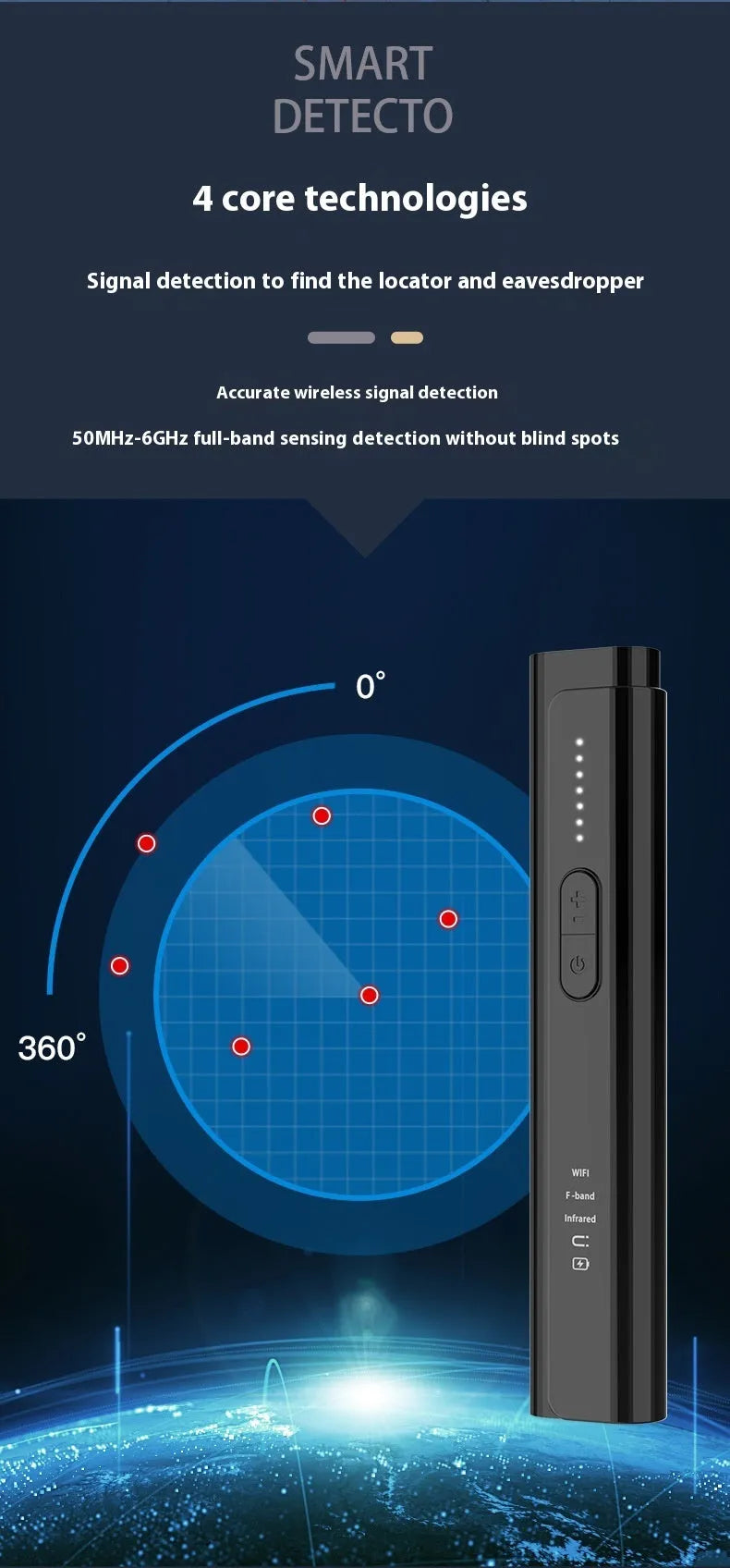 Signal Search anti spy camera detector in black or silver colour with 160mm dimensions