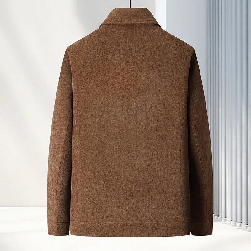 Men's slim-fit lapel casual jacket in black, caramel, dark blue, or brown.