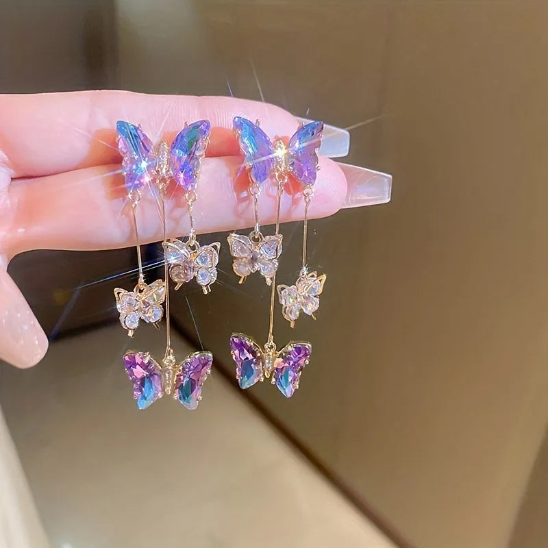 Silver needle blue purple butterfly colour crystal flower tassel earrings for women