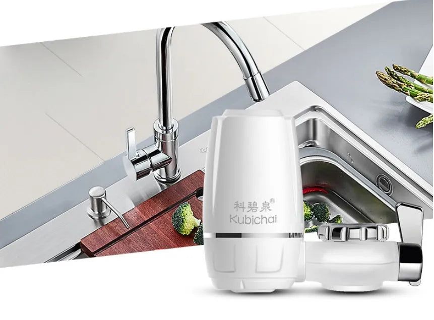 White kitchen tap water filter with ceramic cartridge showing switchable flow control and universal adapter fittings