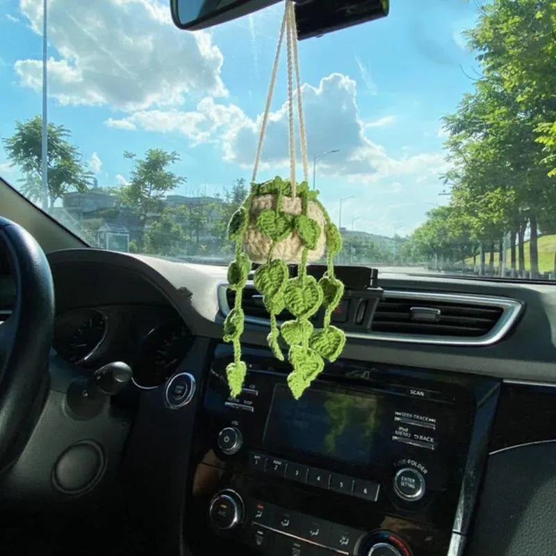 Green and white knitted wool succulent car ornament with 8cm base and hanging cord