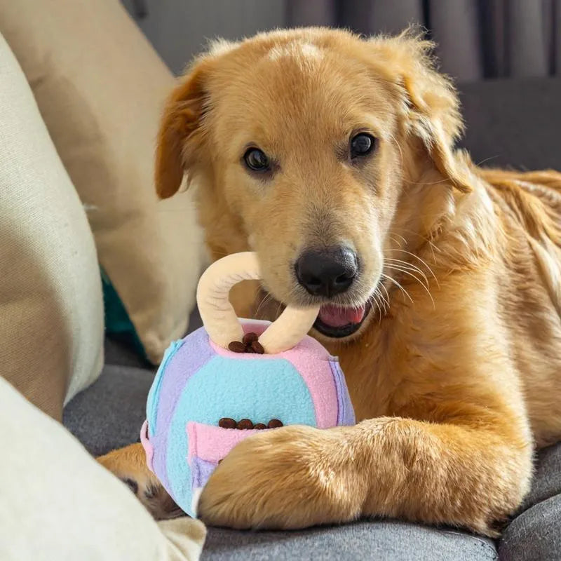 Green or pink polyester dog squeaky plush ball toy with treat pockets measuring 12x12x18cm