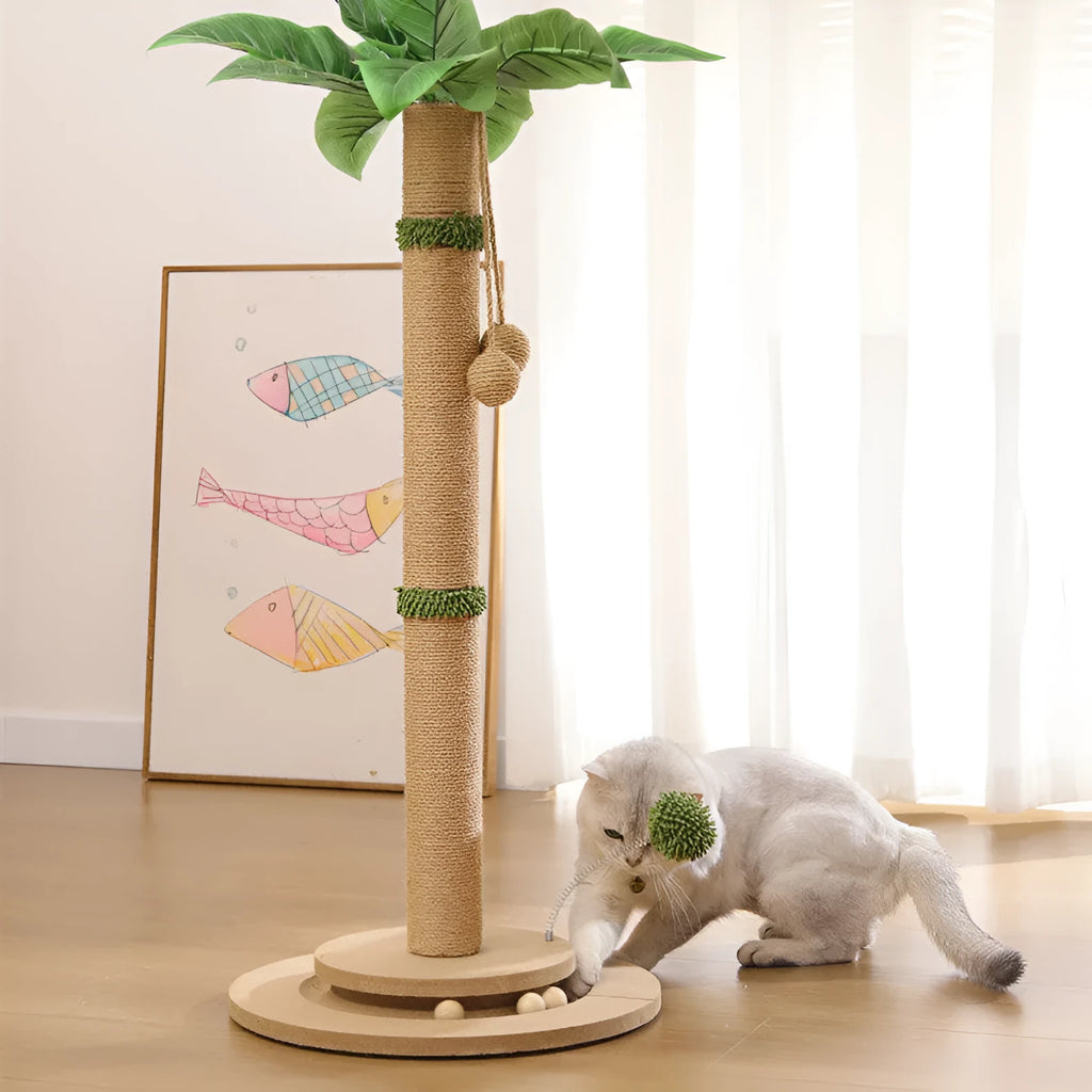 Vertical cat climbing frame with hemp rope scratching posts and a canna coloured column