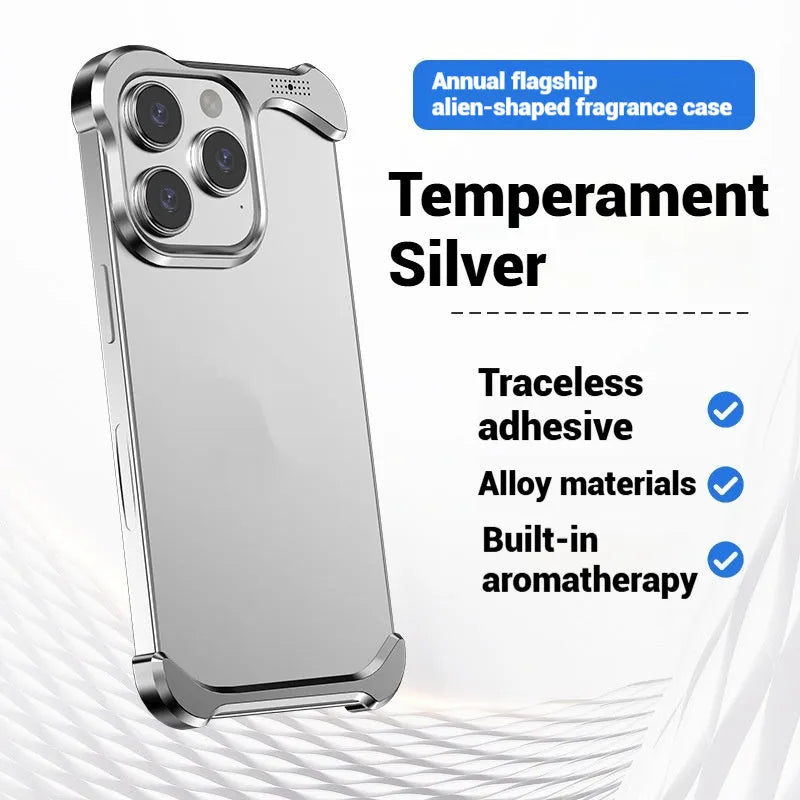 Special-shaped aromatherapy aluminium alloy hollow phone case in black for iPhone 14 Pro Max