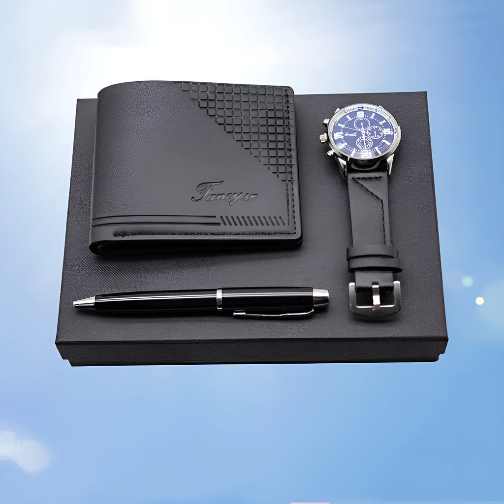 Business gift set containing wallet, pen and watch in modern simple style gift box