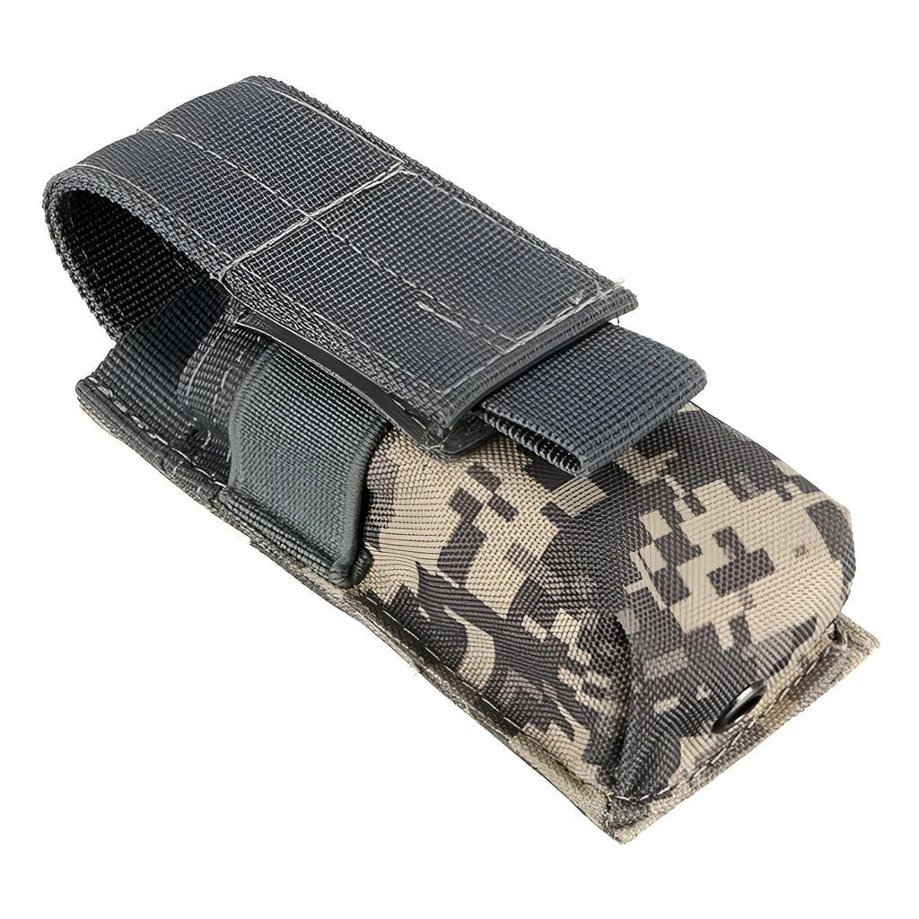 Black military tactical waist bag with MOLLE webbing and elastic cord closure