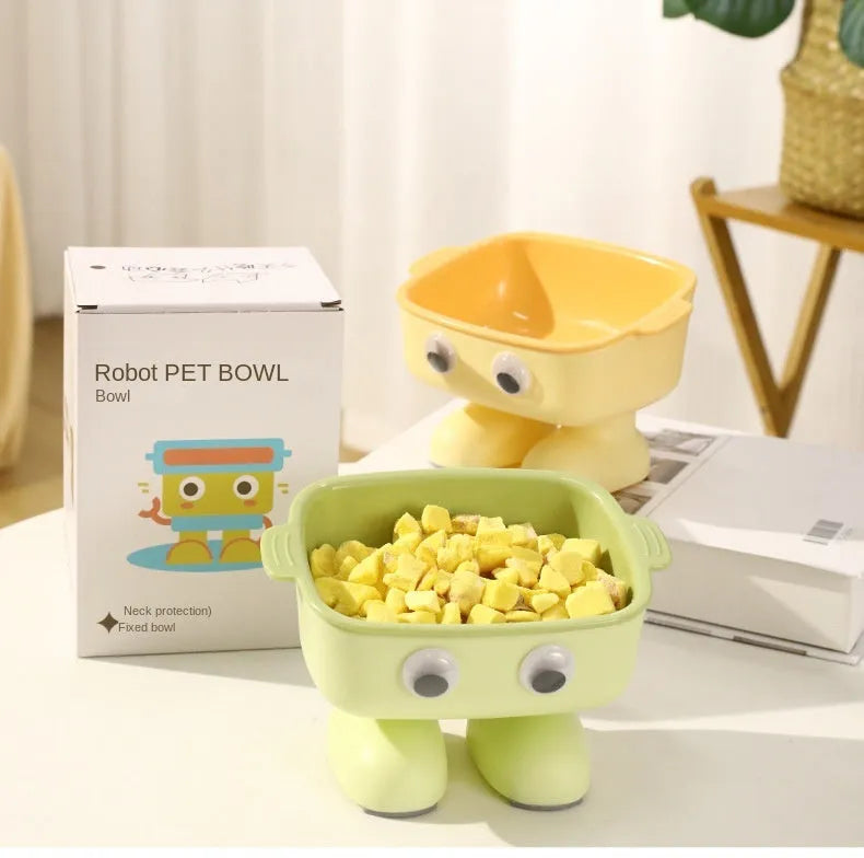 Green robot elevated cat bowl with tilted design and anti-slip base for pet feeding